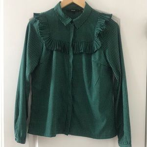Jewel green/black gingham ruffle blouse